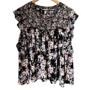 Belle & Sky Black Floral Flutter Cap Sleeved Peasant Top Blouse Size XL